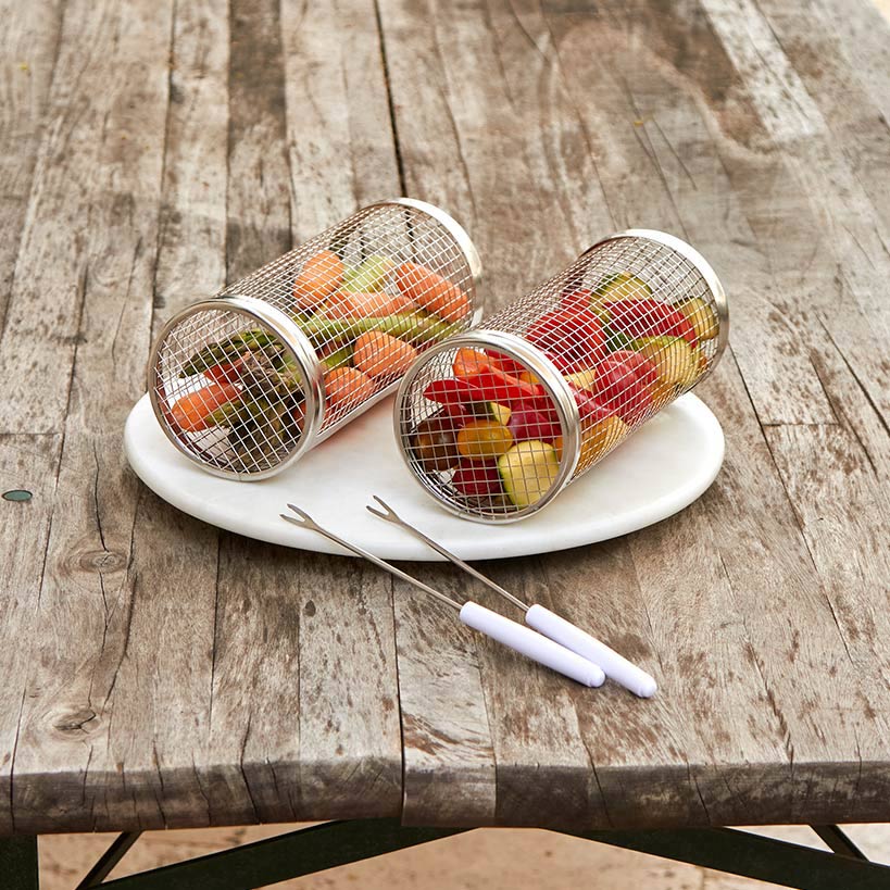 Rolling Grill Baskets with Roasting Forks - Set of 2
