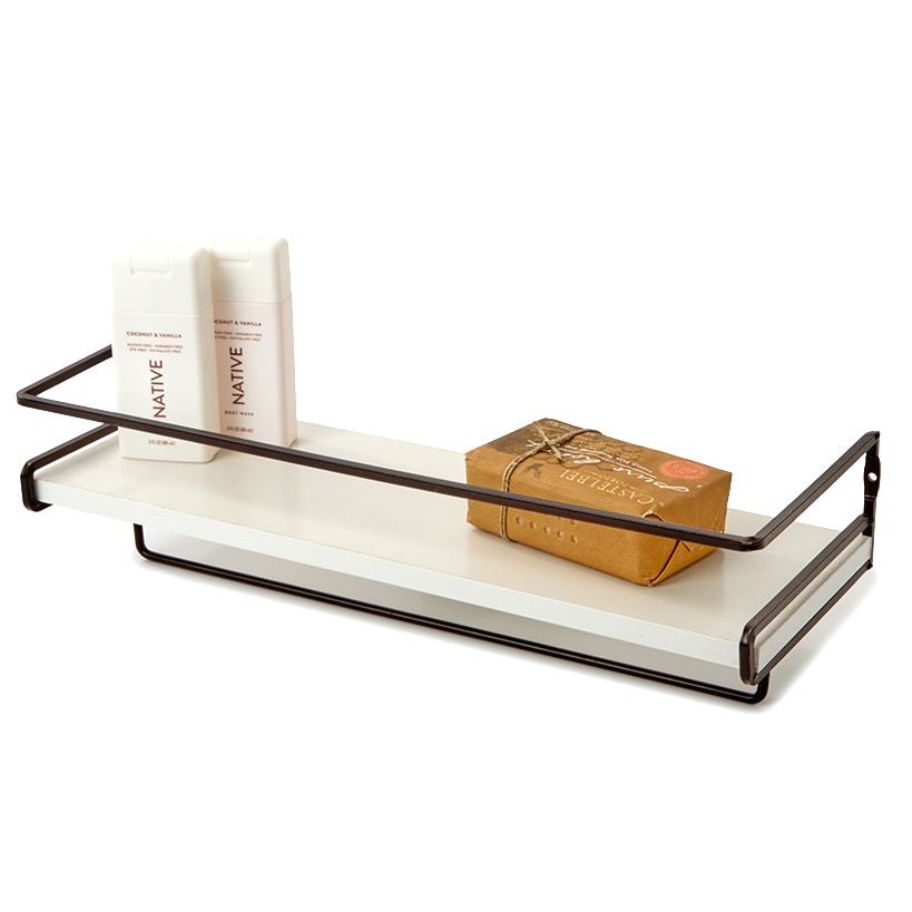 Floating Wall Mounted White Shelves with Metal Bar - Set of 2