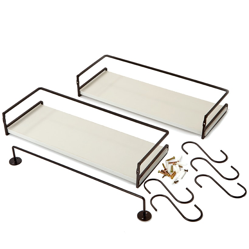 Floating Wall Mounted White Shelves with Metal Bar - Set of 2