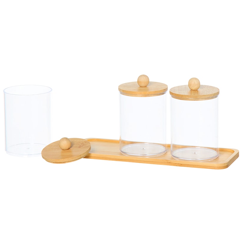 Bathroom Coutertop Clear Canisters with Bamboo Tray