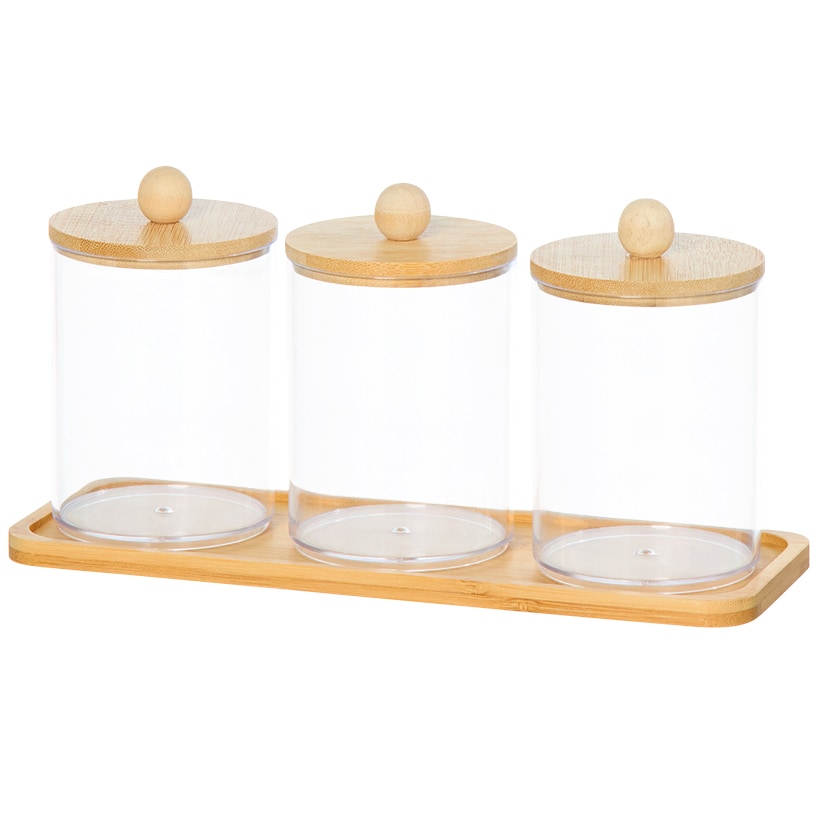 Bathroom Coutertop Clear Canisters with Bamboo Tray