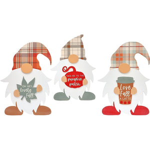 Set of 3 Gnome Fall Plaid Wood Tabletop Decor