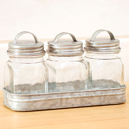 Set of 3 Glass Canisters in Tray
