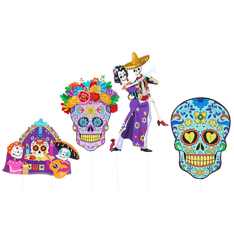 Day of the Dead Festive Colorful Stakes - Set of 4