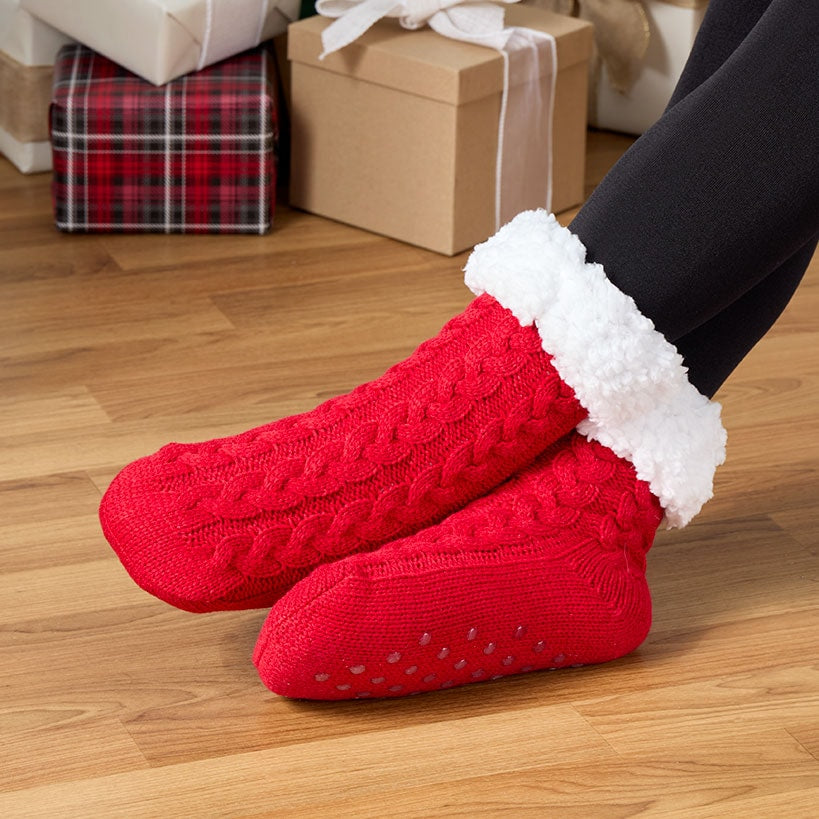 Women's Fleece-Lined Knitted Slipper Socks with Grippers#select-color_red