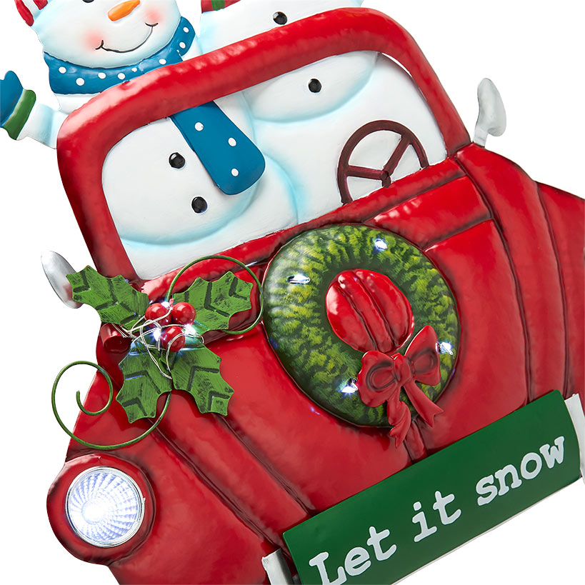 Lighted LED Let It Snow Snowman Red Truck Yard Stake