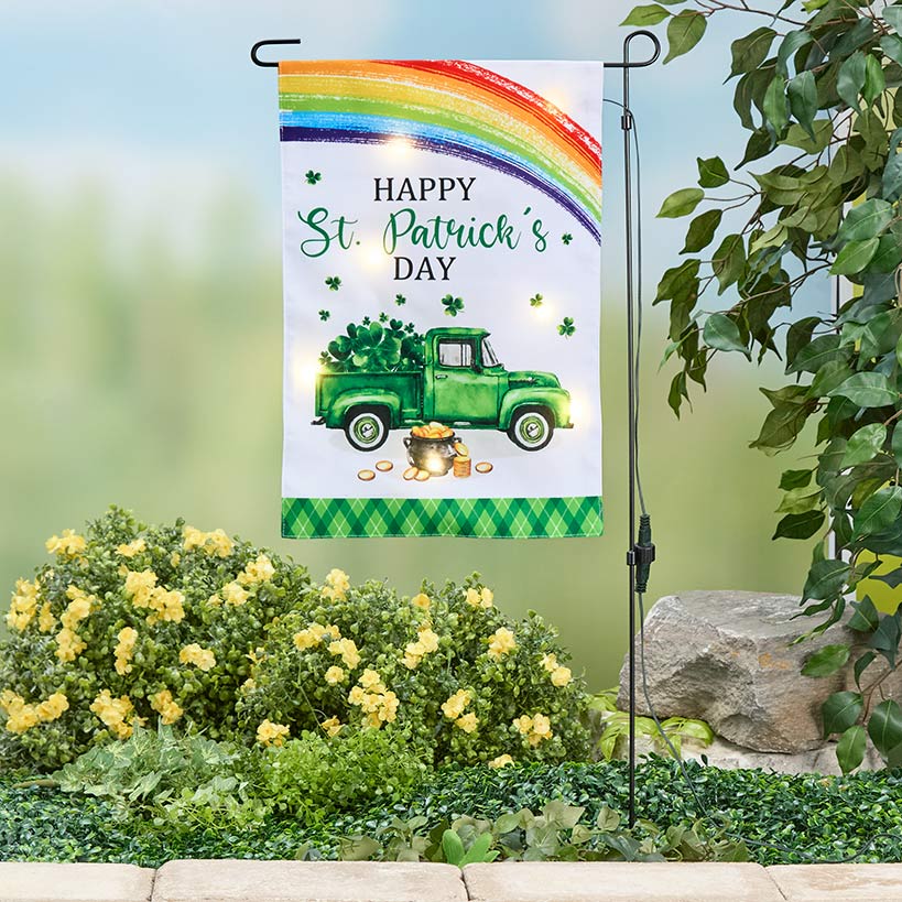 St Patricks Garden Solar Flag And Pole With Green Truck And Rainbow