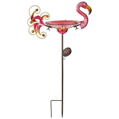 Outdoor Solar Birdbath and Feeder with Stake Turtle or Flamingo