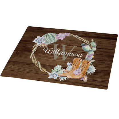 Personalized Watercolor Succulents and Cowboy Boots Doormat