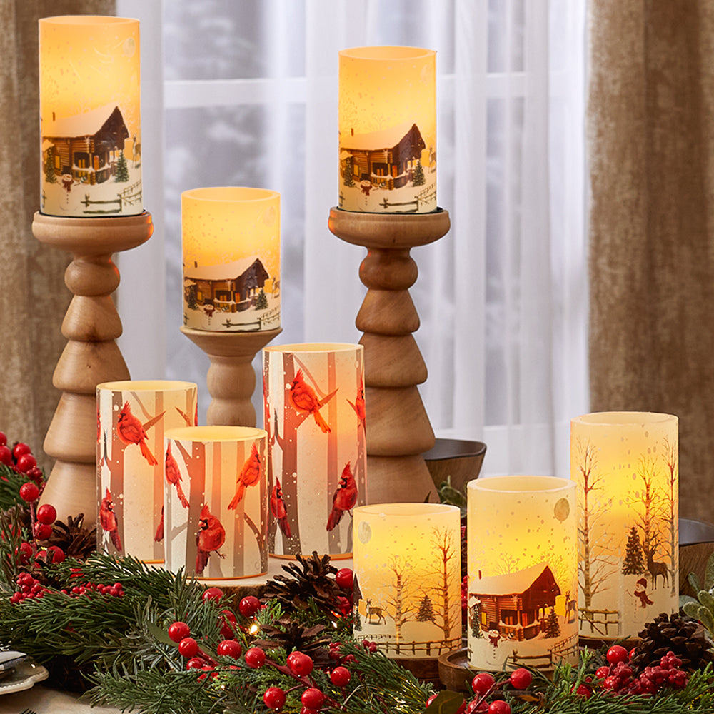 Flameless Flickering LED Candles with Winter Art- Set of 3