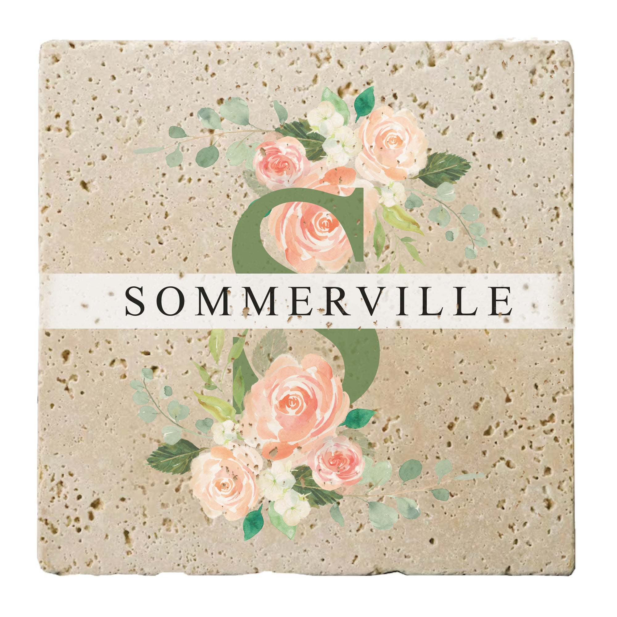 Personalized Set of 4 Spring Roses Travertine Coasters