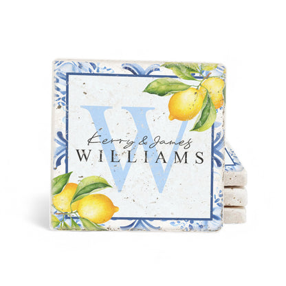 Personalized Set of 4 Blue Lemon Floral Travertine Coasters