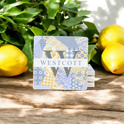 Personalized Set of 4 Patchwork Floral Travertine Coasters