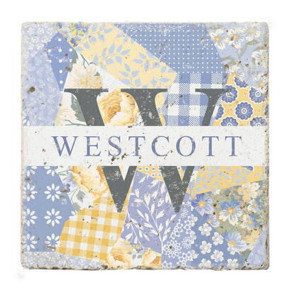 Personalized Set of 4 Patchwork Floral Travertine Coasters