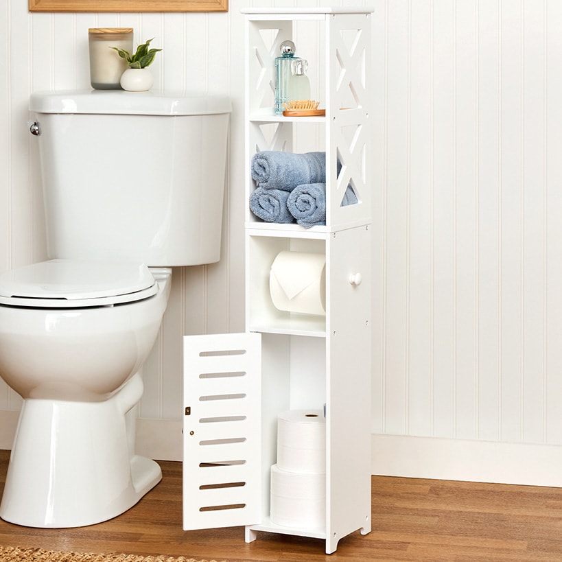 Bathroom Storage Unit with Toilet Paper Dispenser, 2 Shelves, and Cupboard