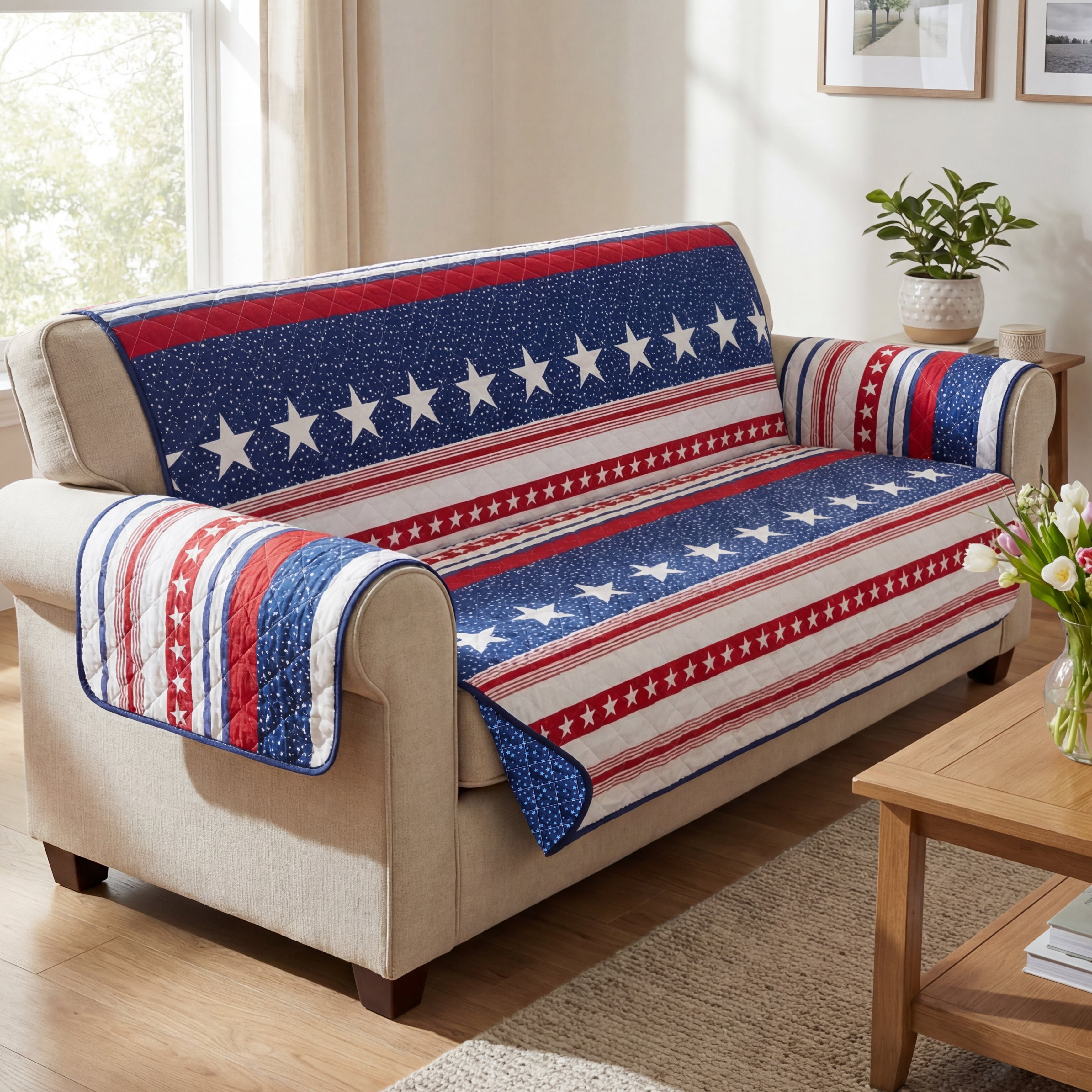 USA Stripe Quilted Furniture Cover Chair Sofa Loveseat