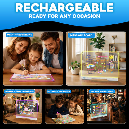 Contixo WB1 16” LED Drawing Board for Kids - Rechargeable Glow Doodle Board With 10 Light Modes & 9 Brightness Levels, Neon Dry Erase Light-Up Acrylic Drawing Board With 12 Glow Pens, Portable Screen-Free Drawing Board