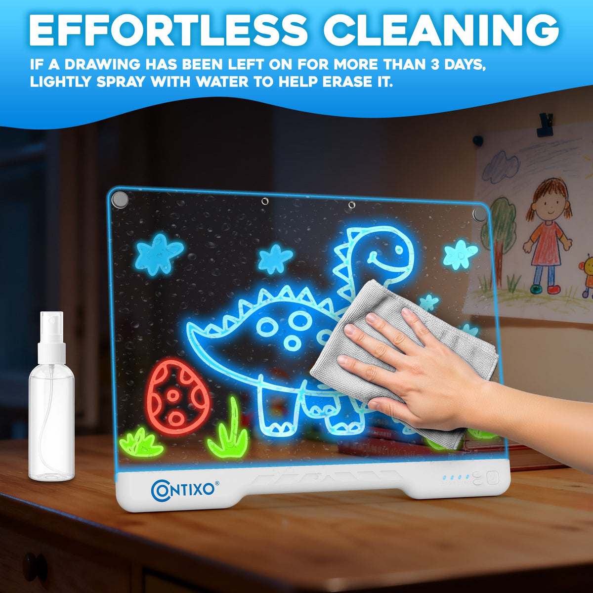 Contixo WB1 16” LED Drawing Board for Kids - Rechargeable Glow Doodle Board With 10 Light Modes & 9 Brightness Levels, Neon Dry Erase Light-Up Acrylic Drawing Board With 12 Glow Pens, Portable Screen-Free Drawing Board