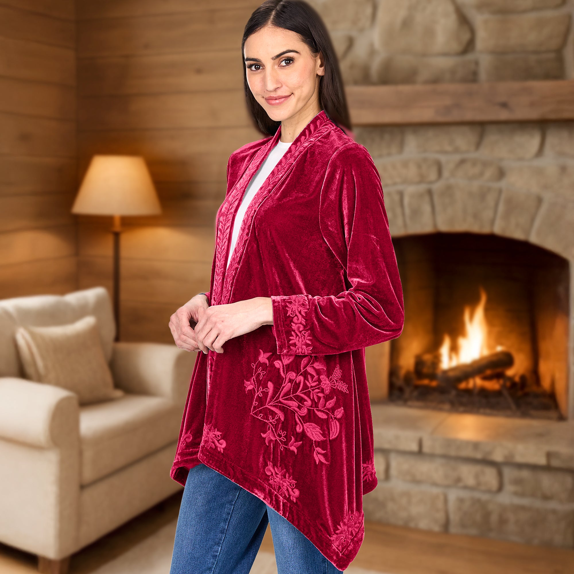 Women's Embroidered Velvet Open Front Cardigan