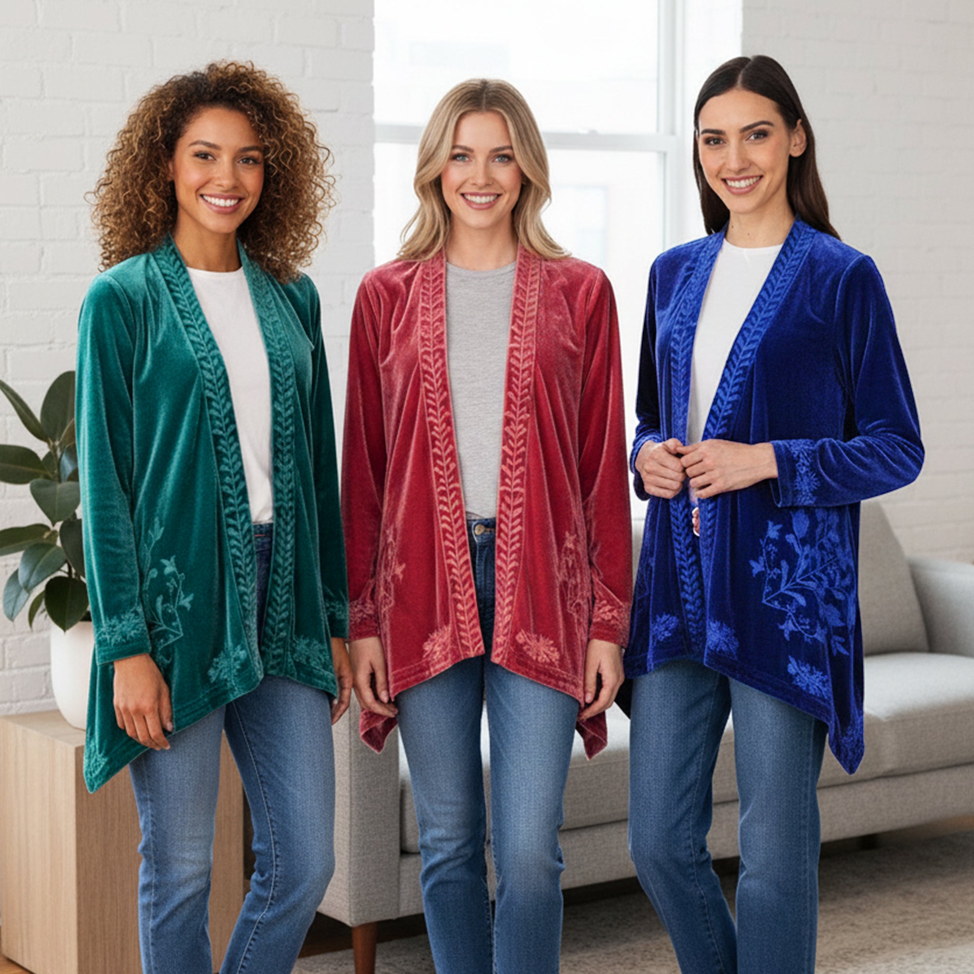 Women's Embroidered Velvet Open Front Cardigan