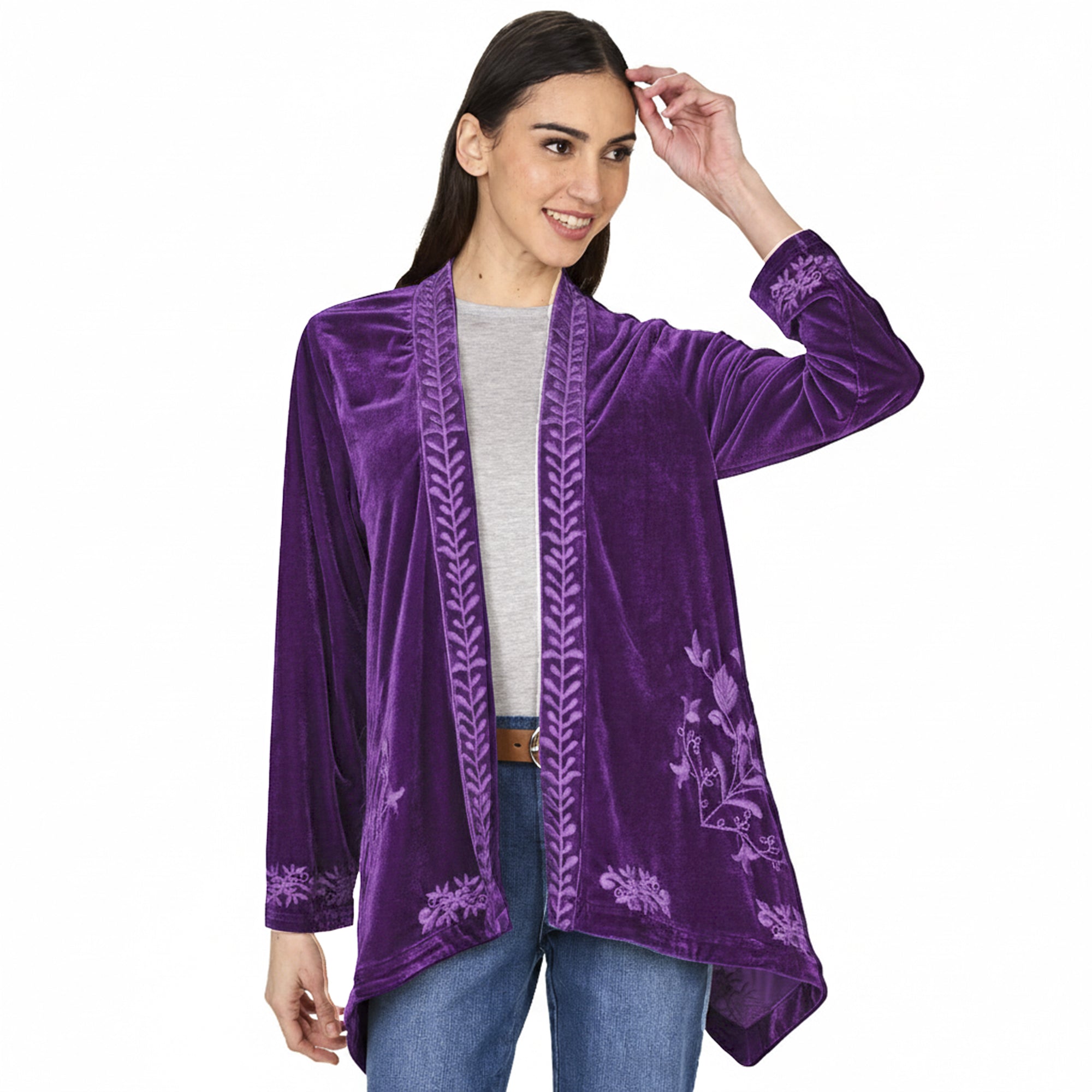 Women's Embroidered Velvet Open Front Cardigan | The Lakeside