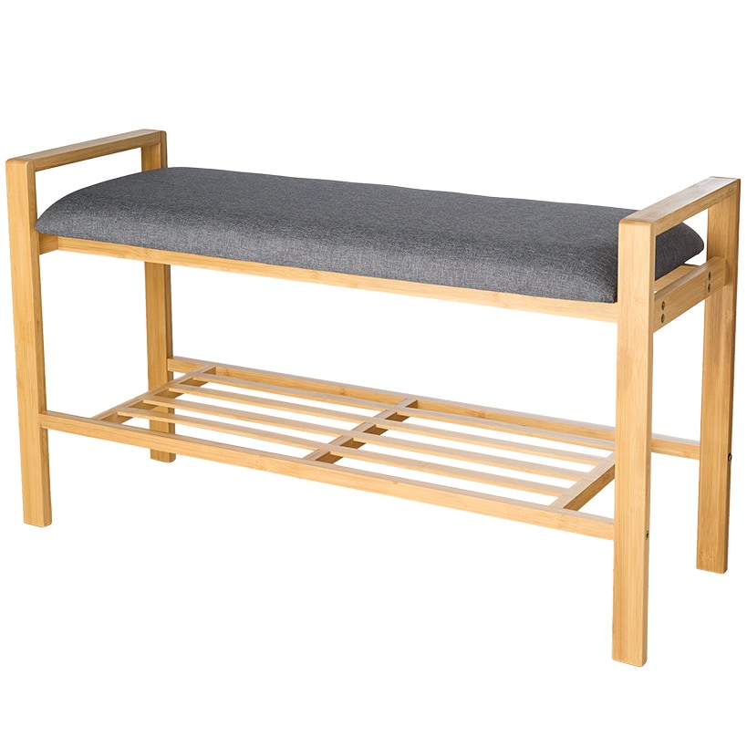 Entryway Bamboo Bench with Shoe Shelf and Polyester Cushion