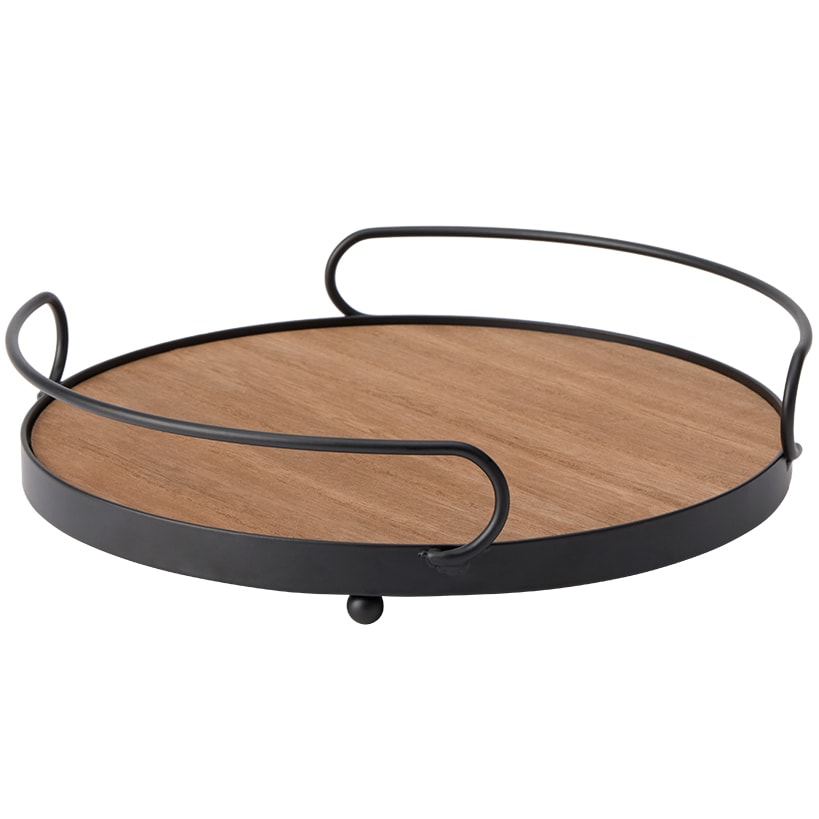 Tabletop Decorative Metal & Wood Round Serving Tray