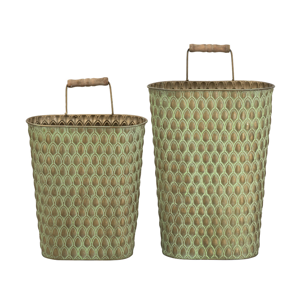 S/2 Textured Green Iron Hanging Planters with Arched Handles - image 2