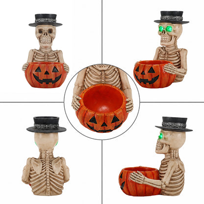 Halloween Skeleton Figurine with Pumpkin Candy Bowl & Candle Holder, Spooky Table Decor for Halloween - image 9