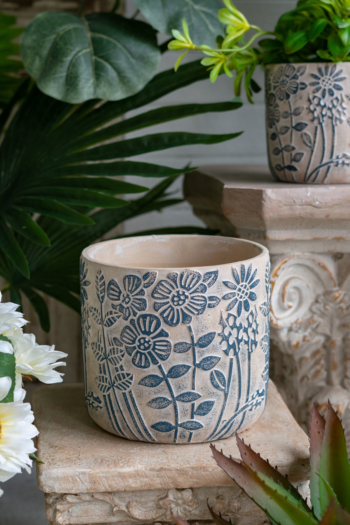 S/2 Gray Sand and Cement Planters with Blue Floral Motif, L:D7x6.7" S:D5.5x5" - image 10