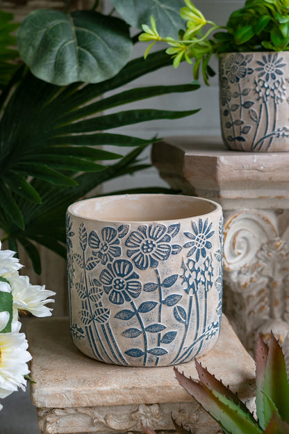 S/2 Gray Sand and Cement Planters with Blue Floral Motif, L:D7x6.7" S:D5.5x5" - image 10