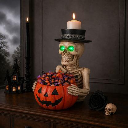 Halloween Skeleton Figurine with Pumpkin Candy Bowl & Candle Holder, Spooky Table Decor for Halloween - image 13