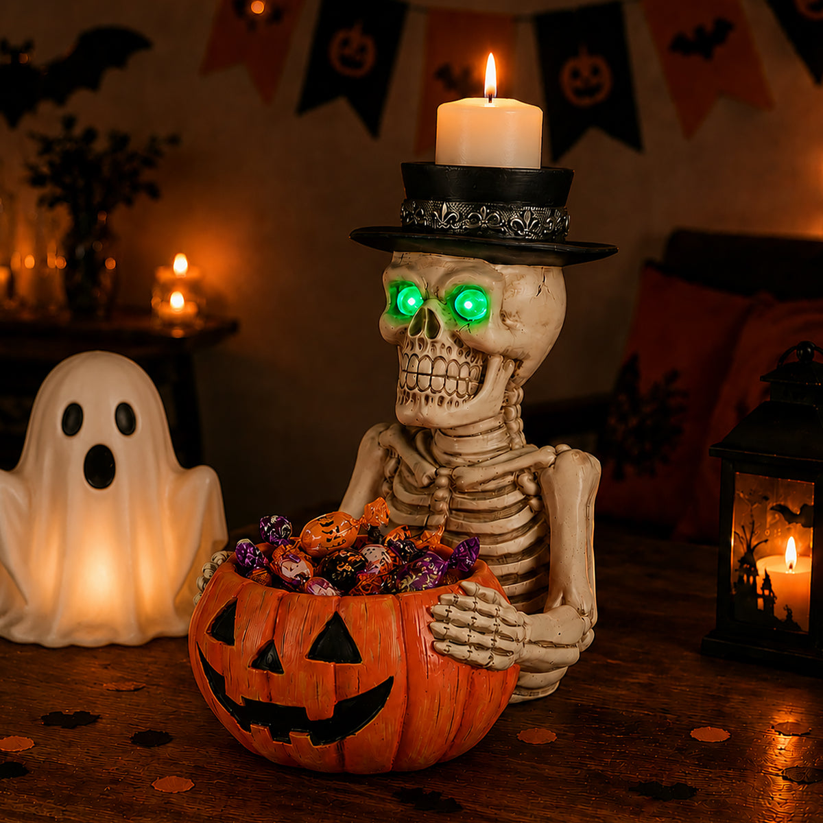 Halloween Skeleton Figurine with Pumpkin Candy Bowl & Candle Holder, Spooky Table Decor for Halloween - image 10