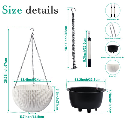 13.4 inch Self-Watering Hanging Rattan-Inspired Planter Large Capacity, Root-Rot Resistant Water Storage with Water Level Indicator, Dual-Use for Indoor & Balcony Decoration (Pack of 2, White) - image 6