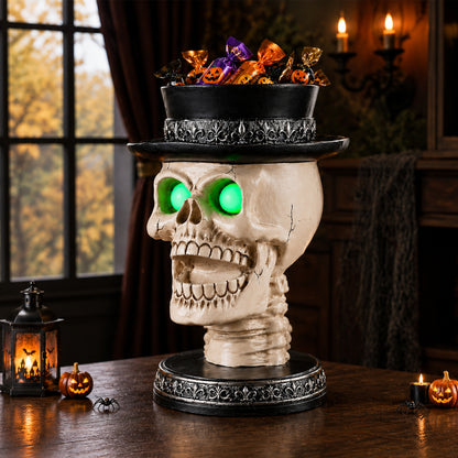 Halloween Skull Candle Holder with Glowing Green Eyes, Gothic Open Mouth Skeleton Head Statue with Black Top Hat, Spooky Tabletop Decor for Home Party - image 11