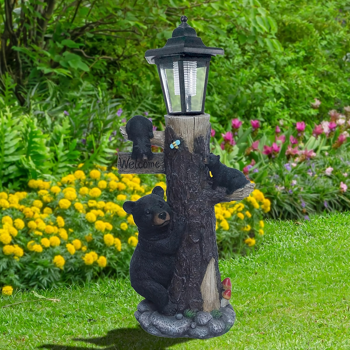 Black bear statue welcome sign garden statue with solar light, 19-inch resin bear family on tree, outdoor bear decoration for courtyard, garden, lawn, yard, perfect gift for Thanksgiving, Christmas, M - image 8