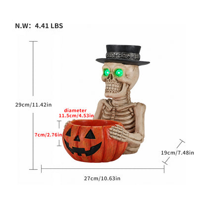 Halloween Skeleton Figurine with Pumpkin Candy Bowl & Candle Holder, Spooky Table Decor for Halloween - image 4