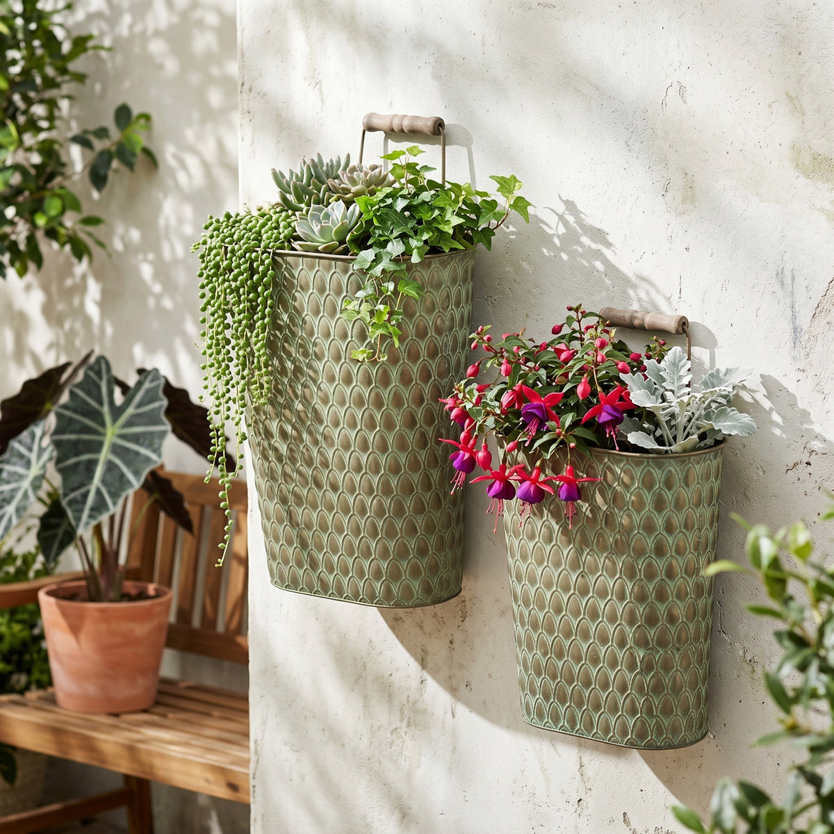 S/2 Textured Green Iron Hanging Planters with Arched Handles - image 7
