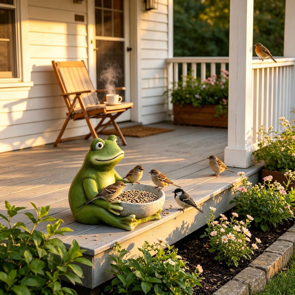 15'' Moss Green Frog Statue Holding Bowl, Cute Animal Bird Feeder Figurine, Outdoor Garden Landscape Sculpture Ornament for Front Porch, Backyard Lawn, Patio, Walkway Home Decor - image 7