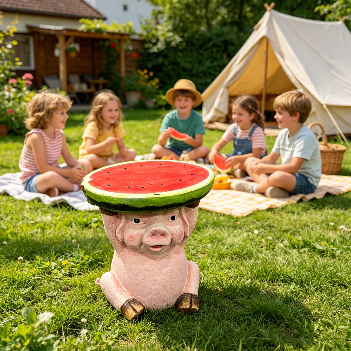 13.39" High Cute Pig Side Table, 11.34" Wide Pig with Watermelon Top, Multi-Functional Plant Stand & End Table for Home & Garden Decoration - image 3