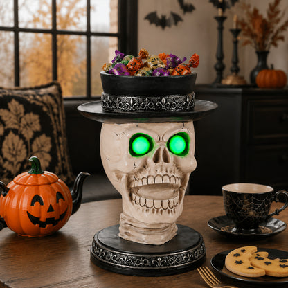 Halloween Skull Candle Holder with Glowing Green Eyes, Gothic Open Mouth Skeleton Head Statue with Black Top Hat, Spooky Tabletop Decor for Home Party - image 12