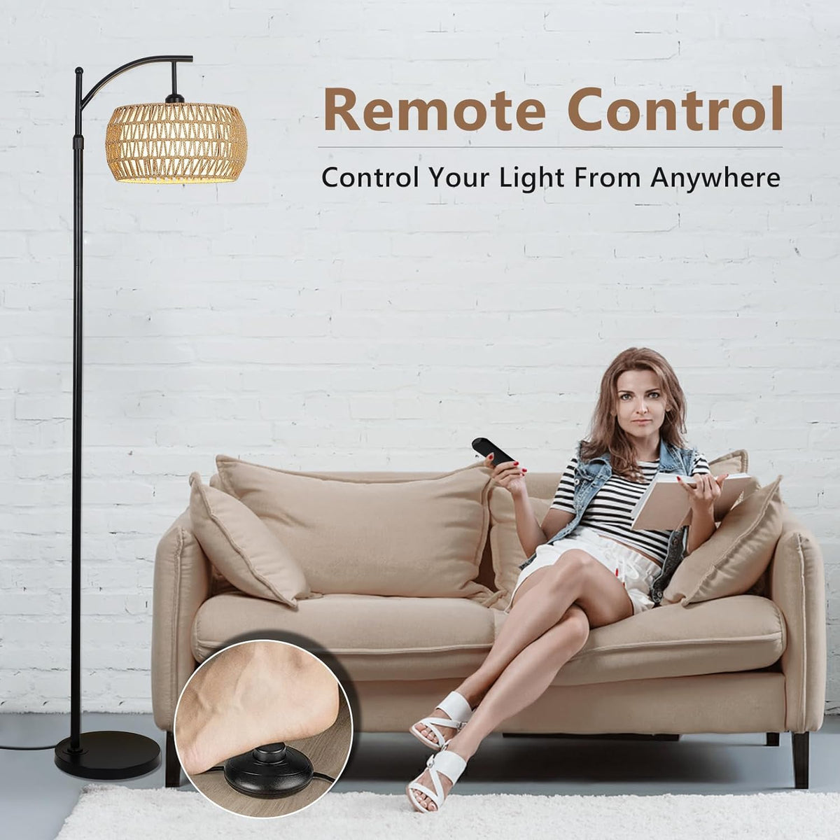 Arc Floor Lamp with Remote Control, Dimmable LED Floor Lamp with 3 Color Temperature, Black Standing Lamp with Rattan & Fabric Double Drum Shade, Boho Farmhouse Tall Pole Lamp for Living Room Bedroom - image 7