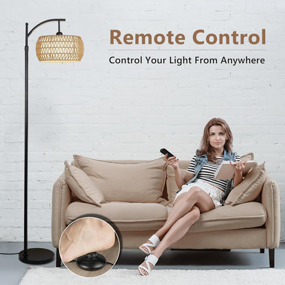 Arc Floor Lamp with Remote Control, Dimmable LED Floor Lamp with 3 Color Temperature, Black Standing Lamp with Rattan & Fabric Double Drum Shade, Boho Farmhouse Tall Pole Lamp for Living Room Bedroom - image 7