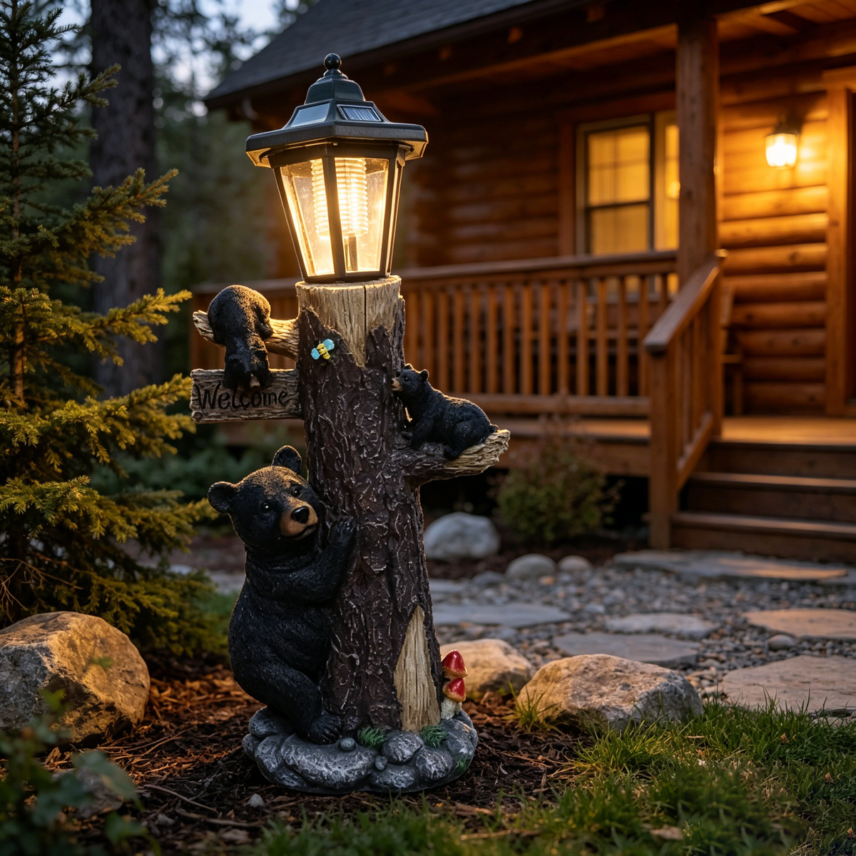 Black bear statue welcome sign garden statue with solar light, 19-inch resin bear family on tree, outdoor bear decoration for courtyard, garden, lawn, yard, perfect gift for Thanksgiving, Christmas, M - image 10