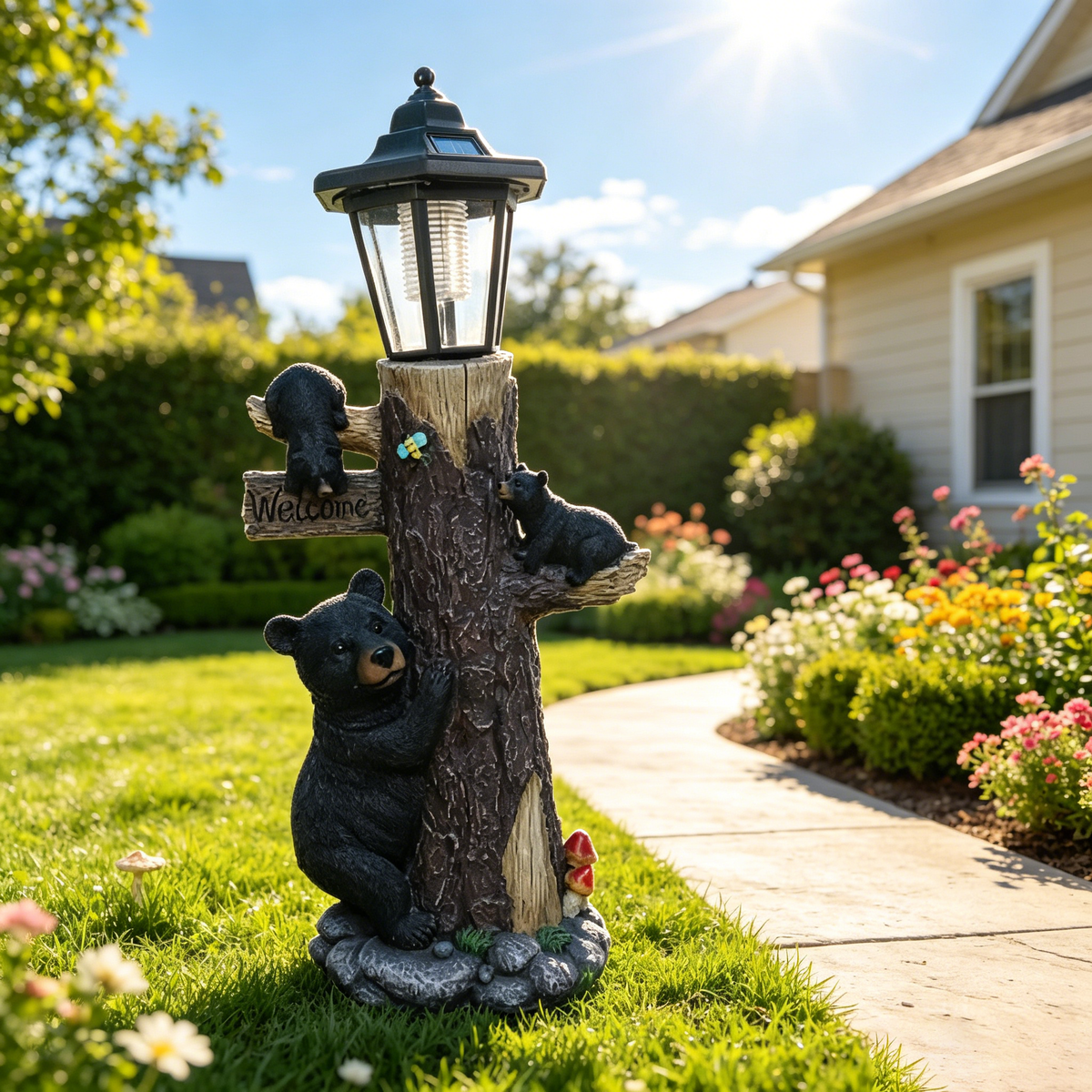 Black bear statue welcome sign garden statue with solar light, 19-inch resin bear family on tree, outdoor bear decoration for courtyard, garden, lawn, yard, perfect gift for Thanksgiving, Christmas, M - image 14