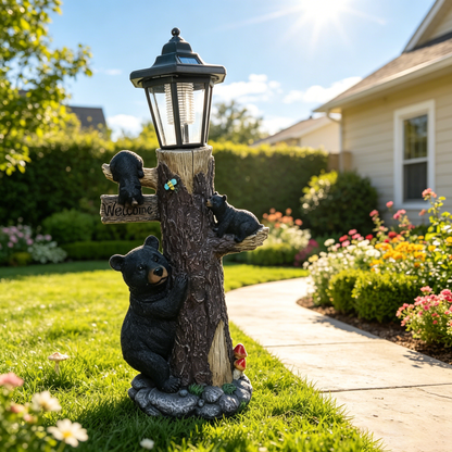 Black bear statue welcome sign garden statue with solar light, 19-inch resin bear family on tree, outdoor bear decoration for courtyard, garden, lawn, yard, perfect gift for Thanksgiving, Christmas, M - image 14