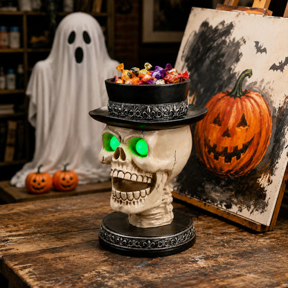 Halloween Skull Candle Holder with Glowing Green Eyes, Gothic Open Mouth Skeleton Head Statue with Black Top Hat, Spooky Tabletop Decor for Home Party - image 16