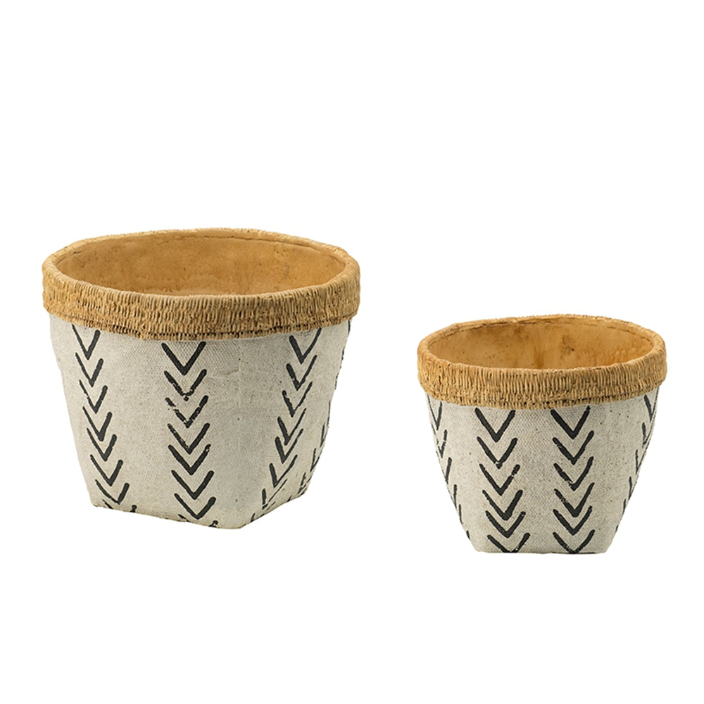 Set of 2 White and Brown Cement Planters with V Pattern, L:D10x8"  S:D8x6.5" - image 2