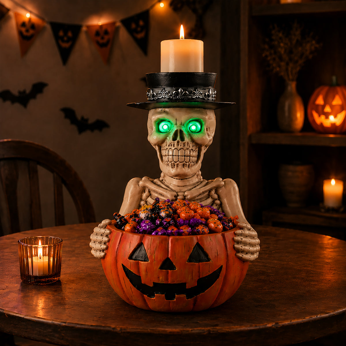 Halloween Skeleton Figurine with Pumpkin Candy Bowl & Candle Holder, Spooky Table Decor for Halloween - image 14
