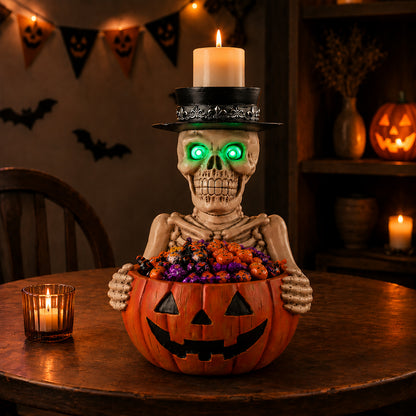 Halloween Skeleton Figurine with Pumpkin Candy Bowl & Candle Holder, Spooky Table Decor for Halloween - image 14